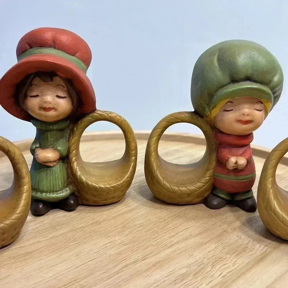 Vintage 70s Holly Hobbie‎ napkin holders 4” tall hand painted girls with baskets - Picture 4 of 6
